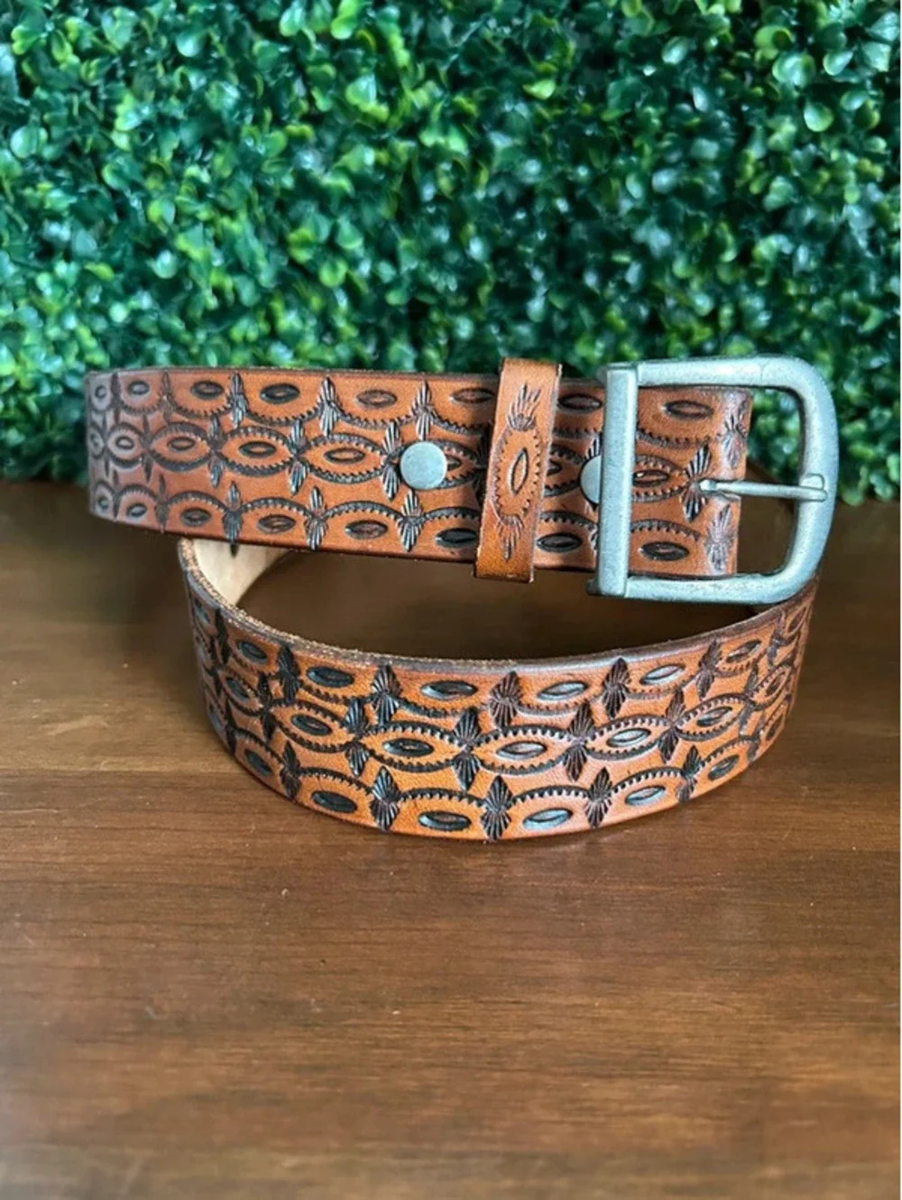Vintage Genuine Leather Tooled Belt Geometric Western Silver Buckle